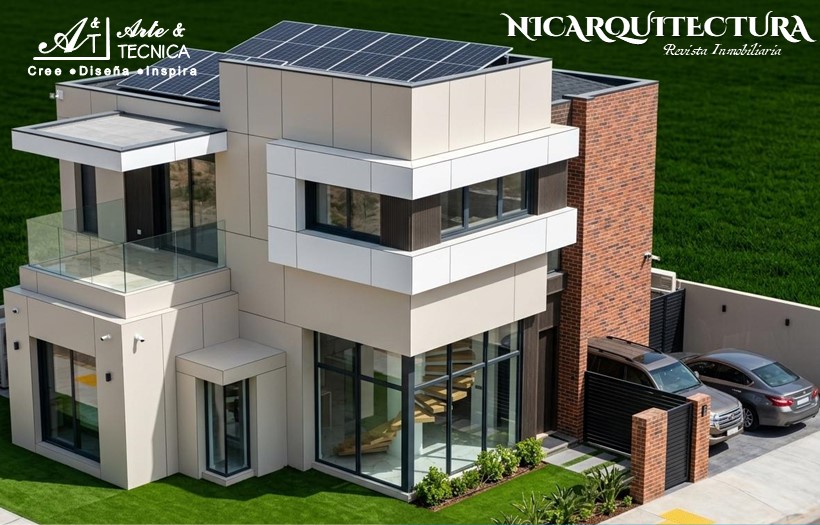 Instalacion de sistema de control termoacustico con cubierta de teja asfaltica shingle, paneles solares, fachadas ACM y piso de resina epoxica en Rivas, Nicaragua