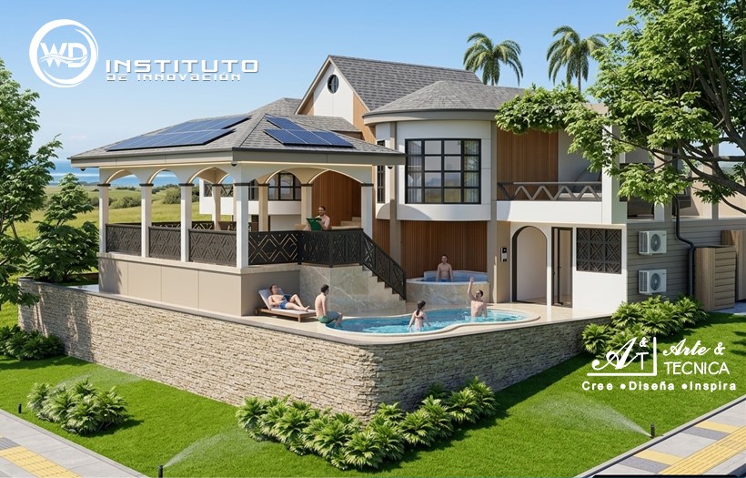 Implementacion de sistema de control sostenible y accesibilidad universal, sillas electricas, VRF eficiente, tejas asfalticas y riego automatizado en residencia de playa en Rivas, Nicaragua.